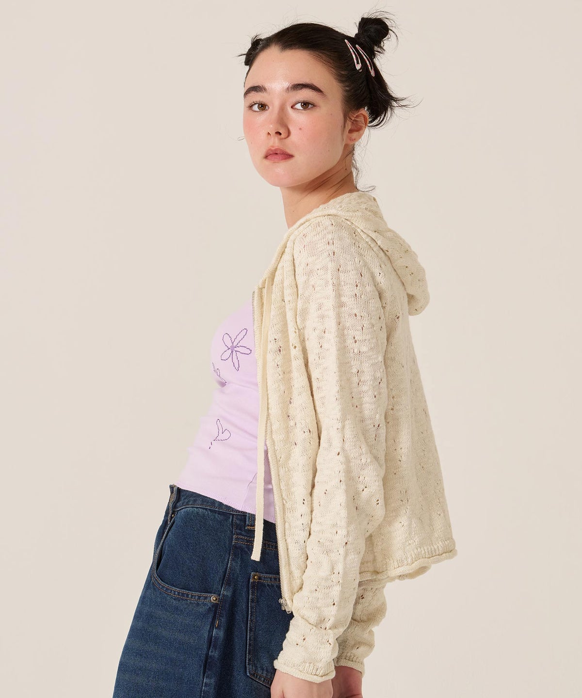 ニット/パーカー/ダメージライク/カジュアル/ベージュ/チャコール