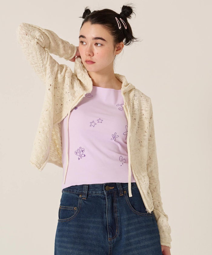 ニット/パーカー/ダメージライク/カジュアル/ベージュ/チャコール