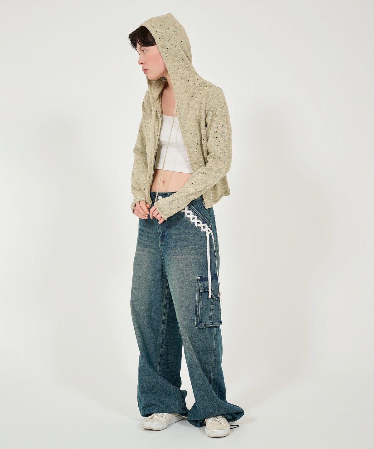 ニット/パーカー/ダメージライク/カジュアル/ベージュ/チャコール