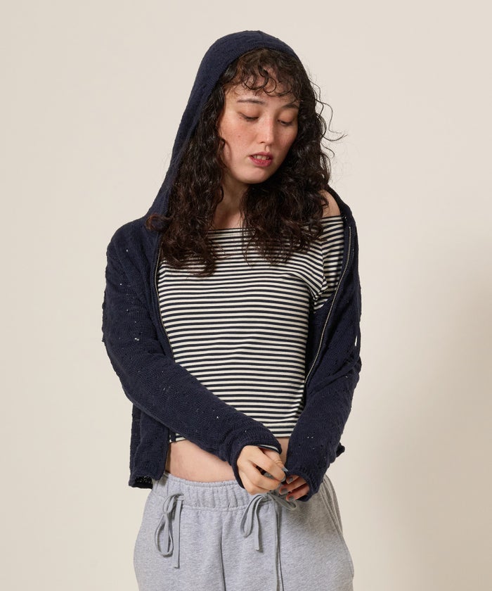 ニット/パーカー/ダメージライク/カジュアル/ベージュ/チャコール