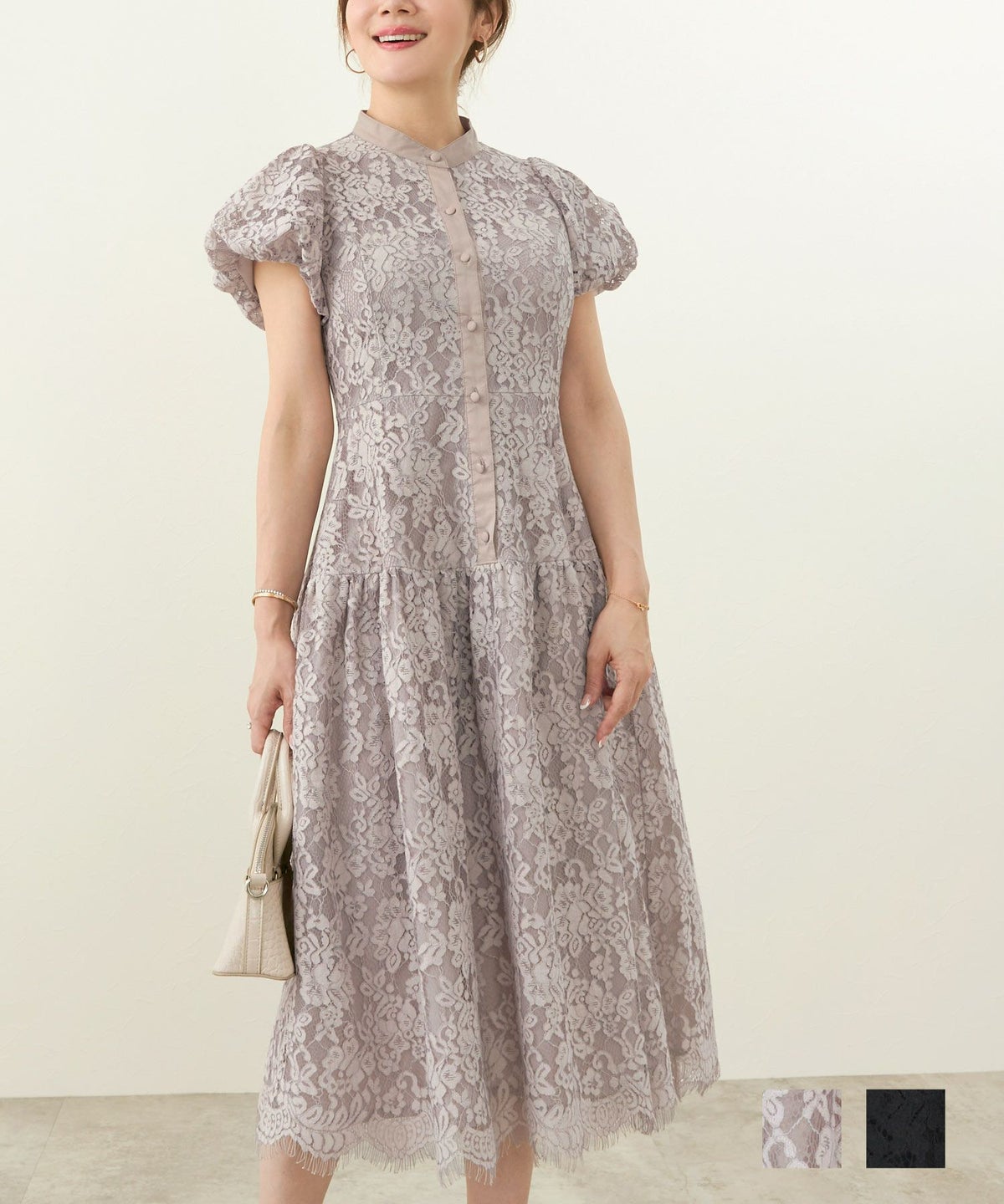 ワンピースレディース柄大人かわいいきれいめフェミニン春秋レース黒花柄服上品襟ジョイントスペース 総レース バルーンスリーブ ワンピース Liala×PG