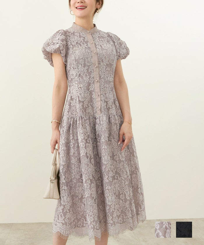 ワンピースレディース柄大人かわいいきれいめフェミニン春秋レース黒花柄服上品襟ジョイントスペース 総レース バルーンスリーブ ワンピース Liala×PG