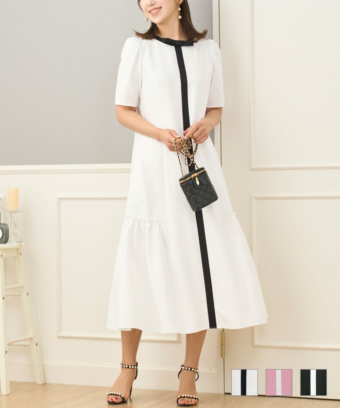 ワンピース レディース 春 夏 秋 洗える ウォッシャブル きれいめ バイカラー 配色 おしゃれ かわいい 可愛い 無地 ジョイントスペース 配色リボン リラックス ストレッチ ワンピース 半袖 Prima Scherrer