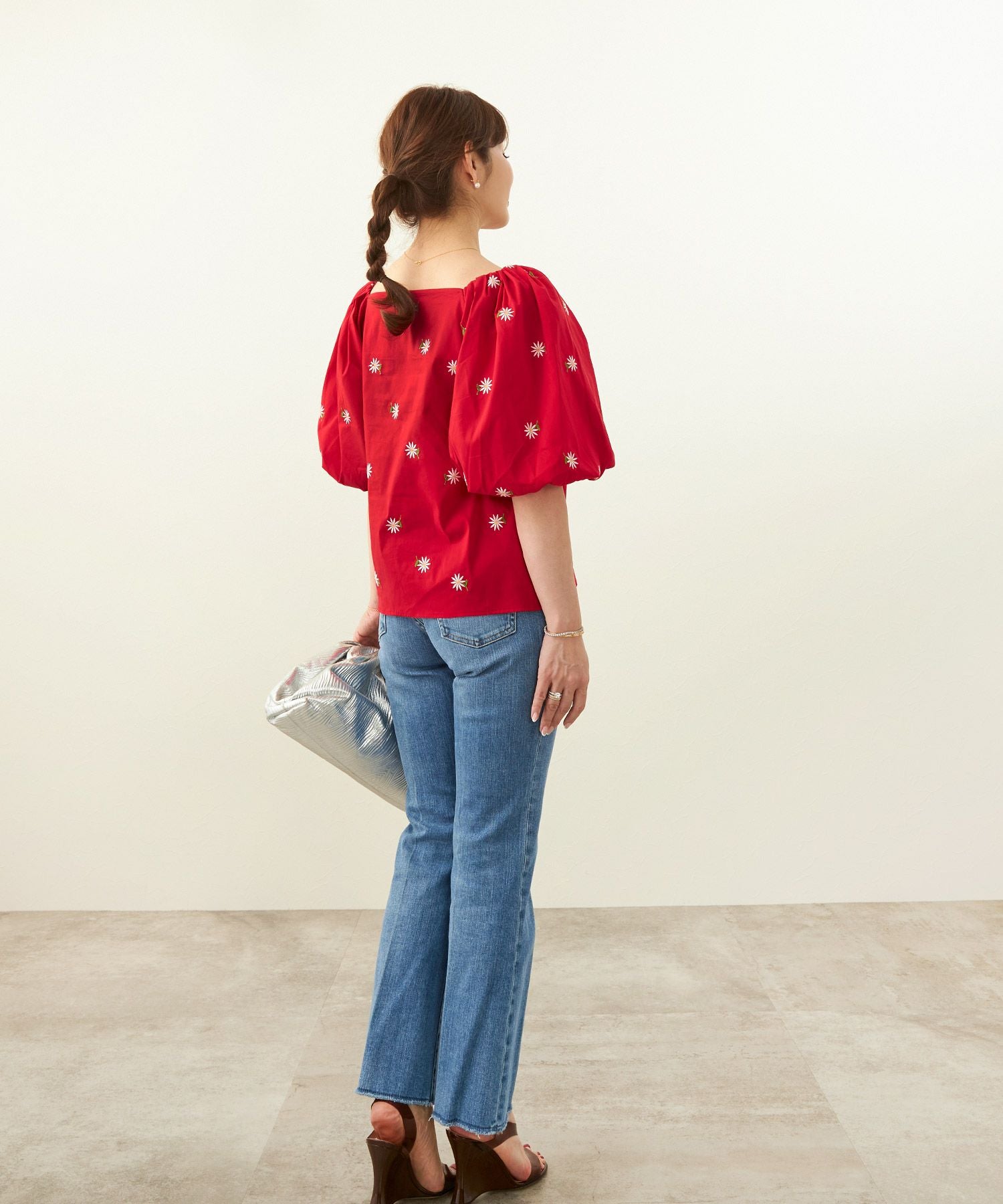 マーガレット 花刺繍 パフスリーブ ブラウス 半袖 Liala×PG 全3色