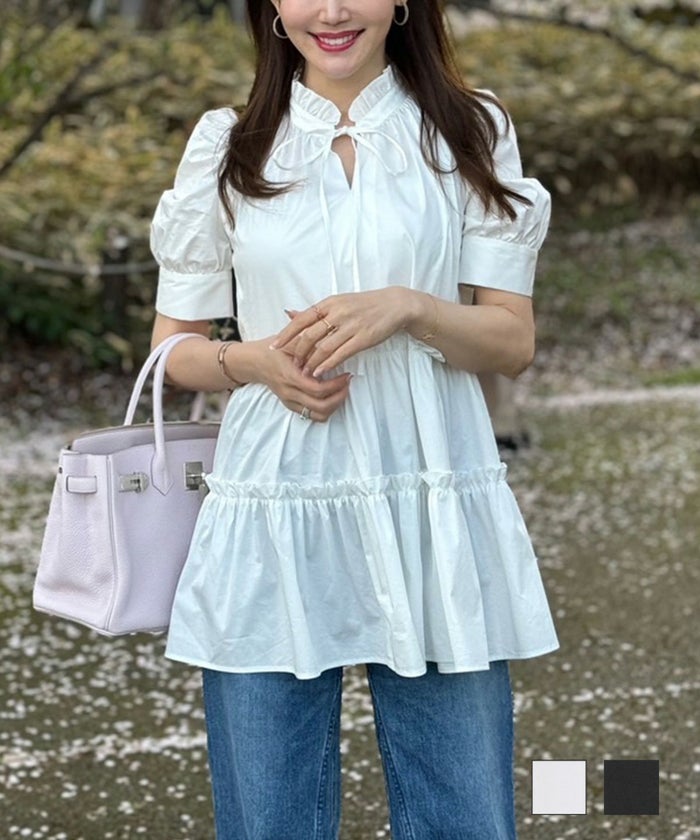 手洗い可 ブラウスおしゃれリボンオフィス白黒レディースフリルかわいい可愛いきれいめおすすめ半袖シャツジョイントスペース フリルネック ティアードブラウス Liala×PG