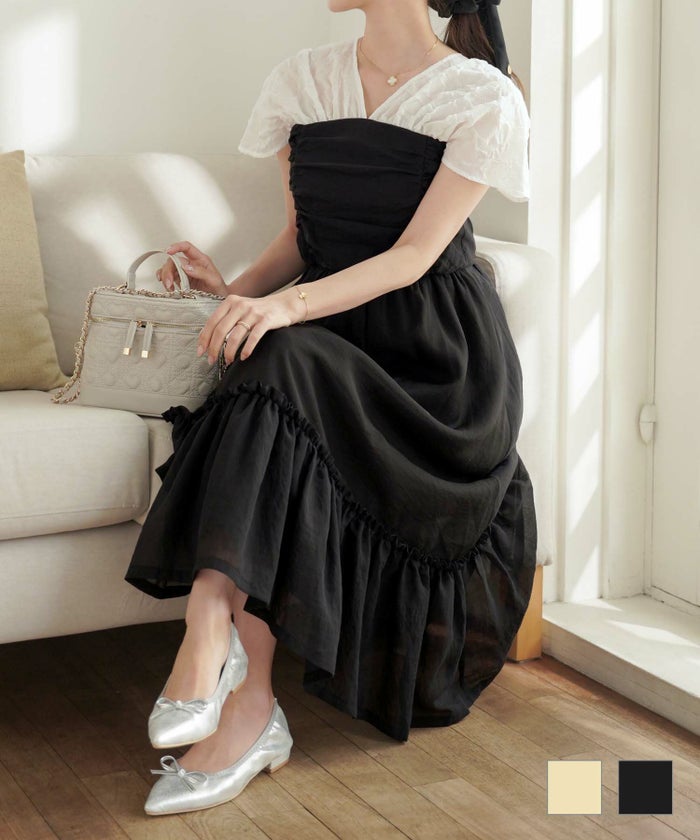 ワンピース シアー ノースリーブ 半袖 バックリボン 上品 バックリボン シアー ドレスワンピース le reve vaniller