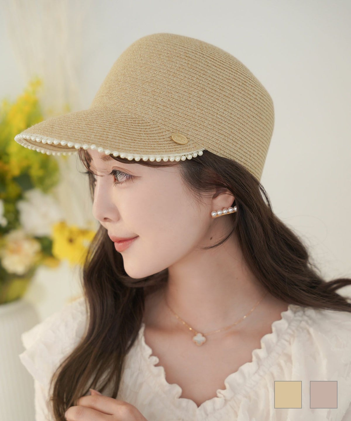 キャップ 帽子 麦わら ストロー素材 サイズ調整 パール パールライン ストローキャップ le reve vaniller