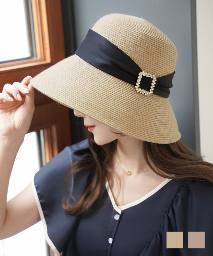 ハット 帽子 ストローハット 手洗い 折りたたみ サイズ調整 リボンベルト ビジュー ストローハット le reve vaniller