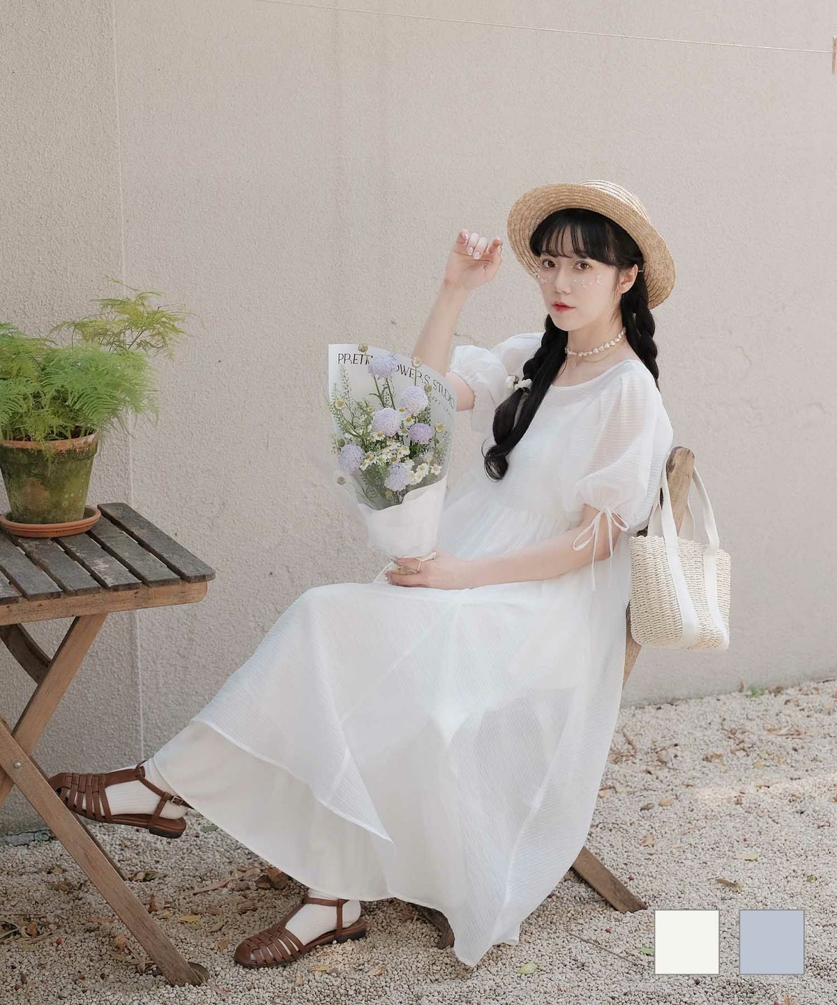 ワンピース バックリボンデザイン シアーワンピース ホワイト ブルー M バック リボン デザイン シアー ワンピース miolite