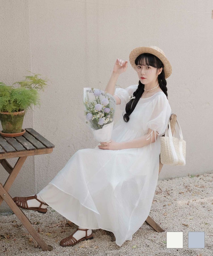 ワンピース バックリボンデザイン シアーワンピース ホワイト ブルー M バック リボン デザイン シアー ワンピース miolite