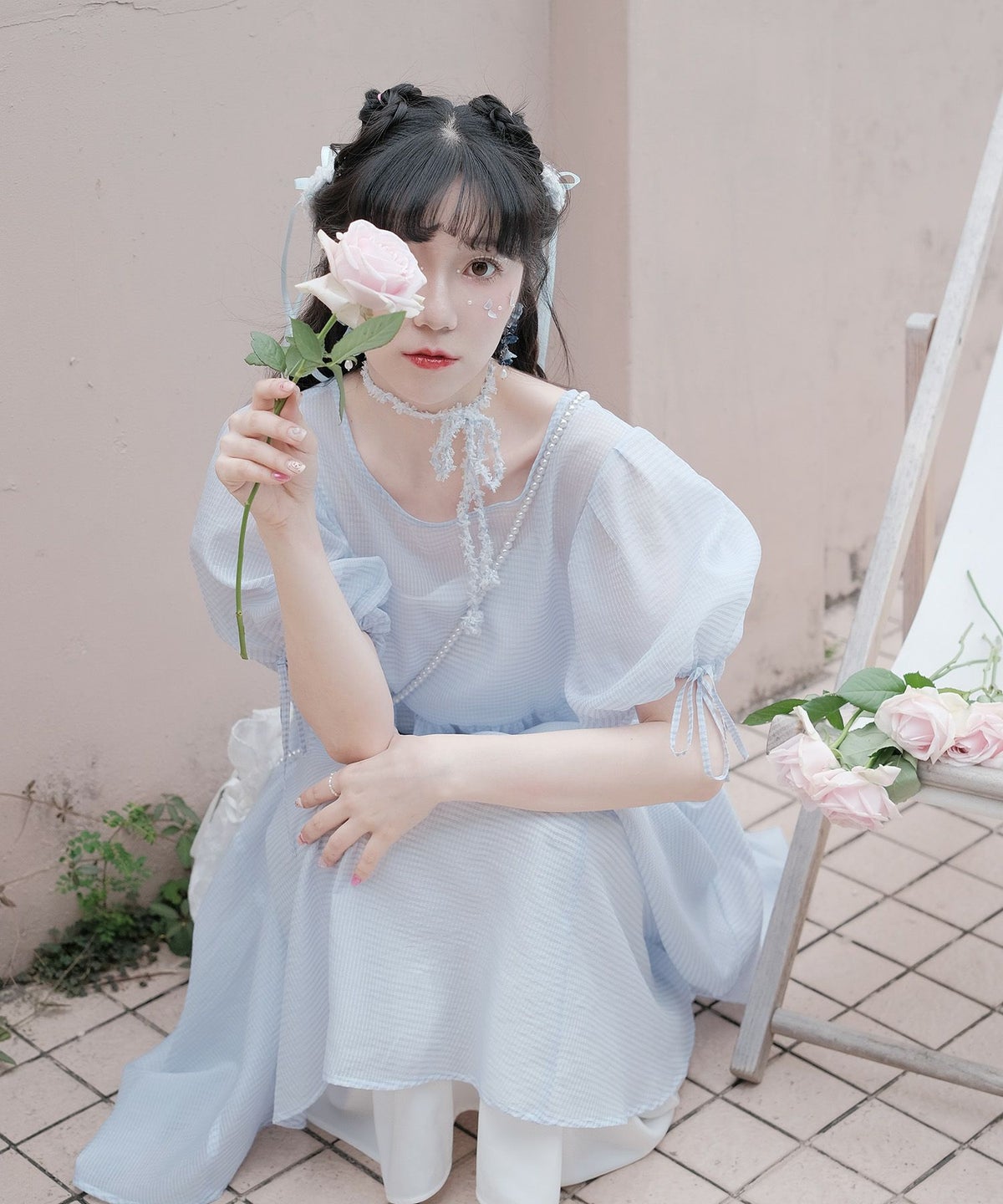 ワンピース/バックリボンデザイン/シアーワンピース/ホワイト/ブルー/M