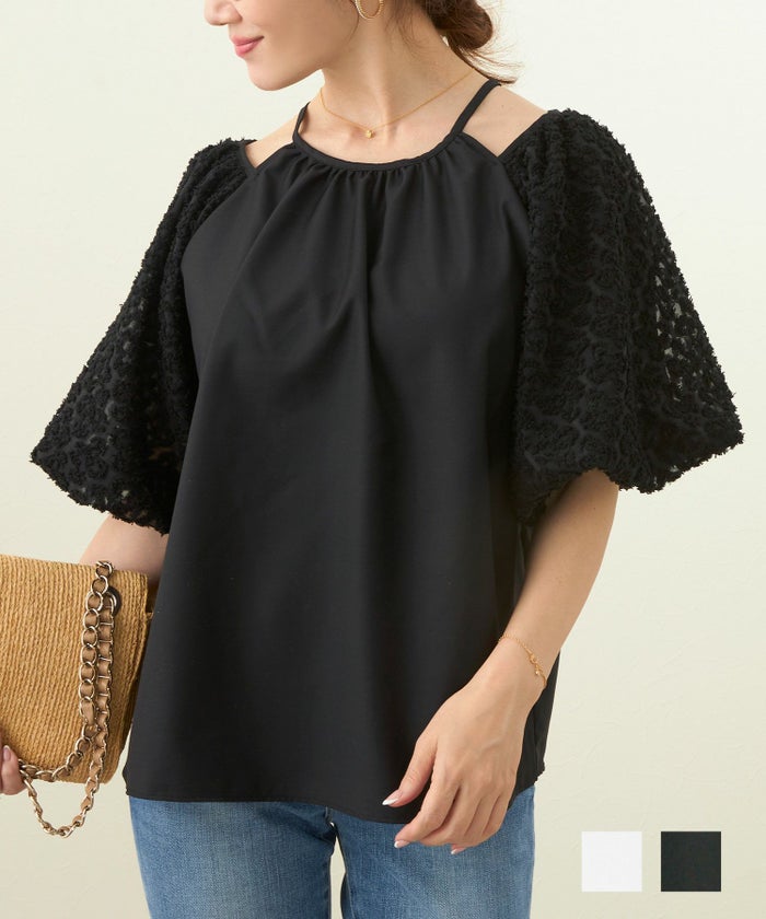 手洗い可 ブラウス レディース トップス 可愛い かわいい オフィス きれいめ 白 黒 服 おしゃれ リボン 無地 春 夏 秋 ジョイントスペース 変形ネックバックリボン フリンジ ジャガードスリーブ ブラウス 半袖 Liala×PG