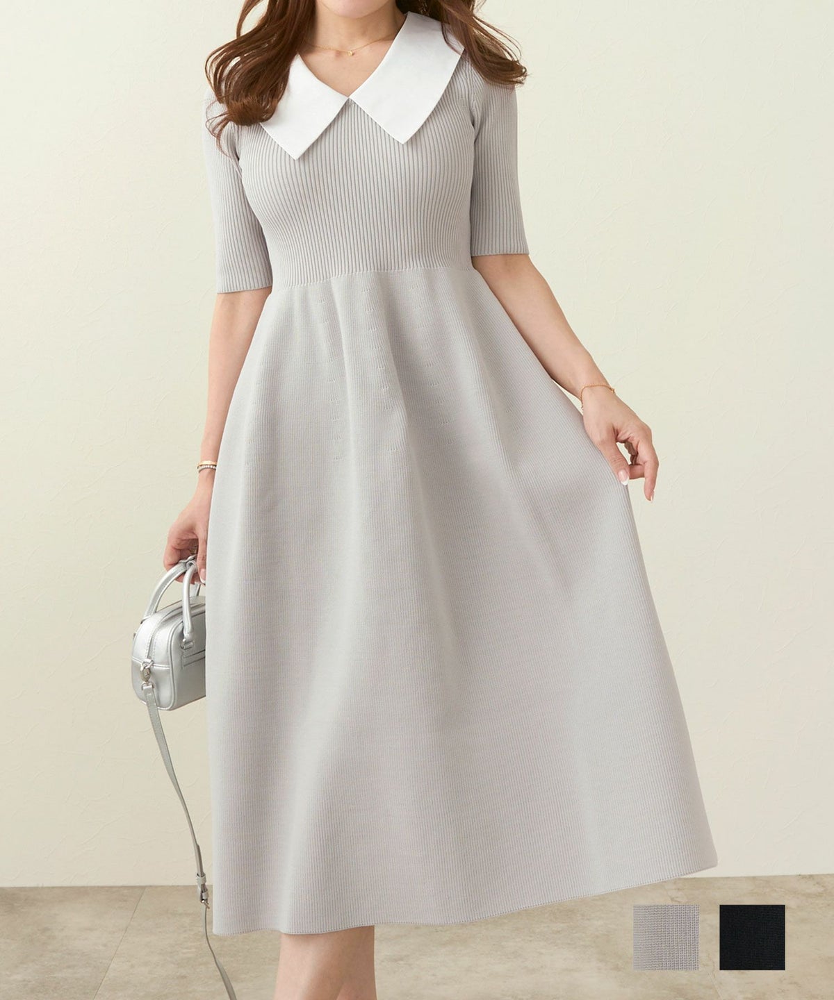 手洗い可 ニット ワンピース 春 夏 秋 レディース かわいい 五分袖 グレー 黒 オフィス リブ 畔編み サマーニット ジョイントスペース 襟付き ニット ワンピース Liala×PG