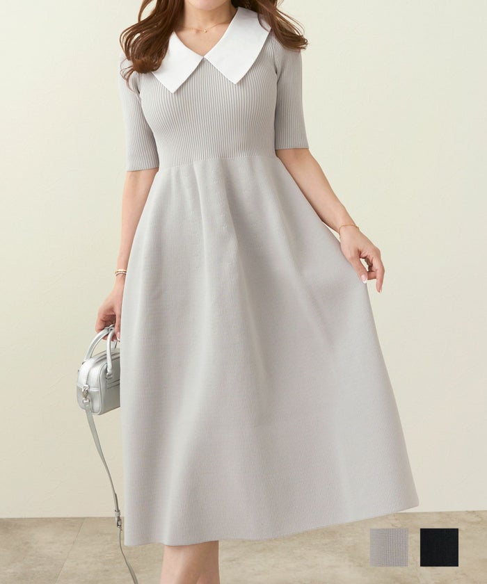 手洗い可 ニット ワンピース 春 夏 秋 レディース かわいい 五分袖 グレー 黒 オフィス リブ 畔編み サマーニット ジョイントスペース 襟付き ニット ワンピース Liala×PG