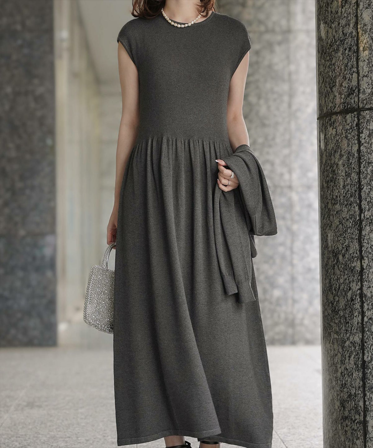 ワンピース/ラメ/サマーニット/ワンピース/チャコール/ベージュ/ブラック/S/M