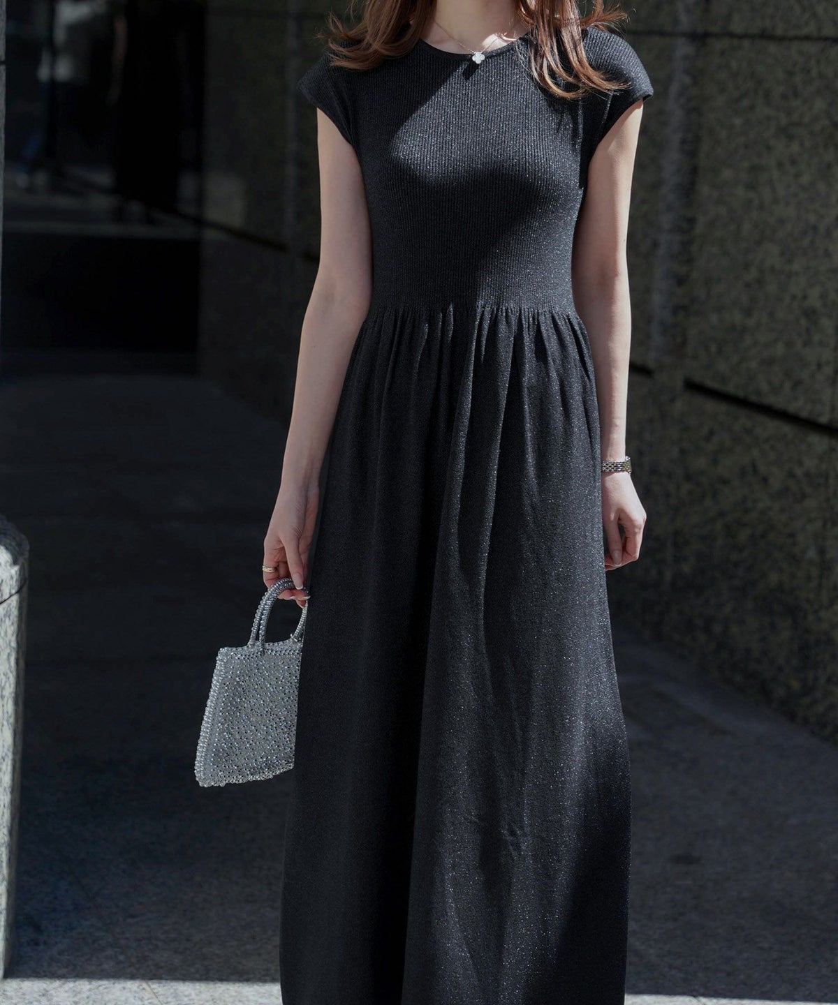 ワンピース/ラメ/サマーニット/ワンピース/チャコール/ベージュ/ブラック/S/M