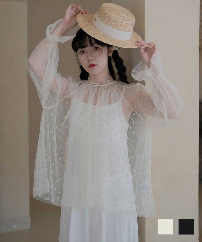 トップス ドット チュール キャンディースリーブ トップス エクリュ ブラック M ドットチュール キャンディースリーブ トップス miolite