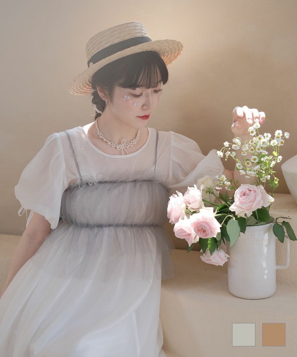 トップス チュールリボン キャミ ビスチェ グレー ベージュ M チュール リボン キャミ ビスチェ miolite