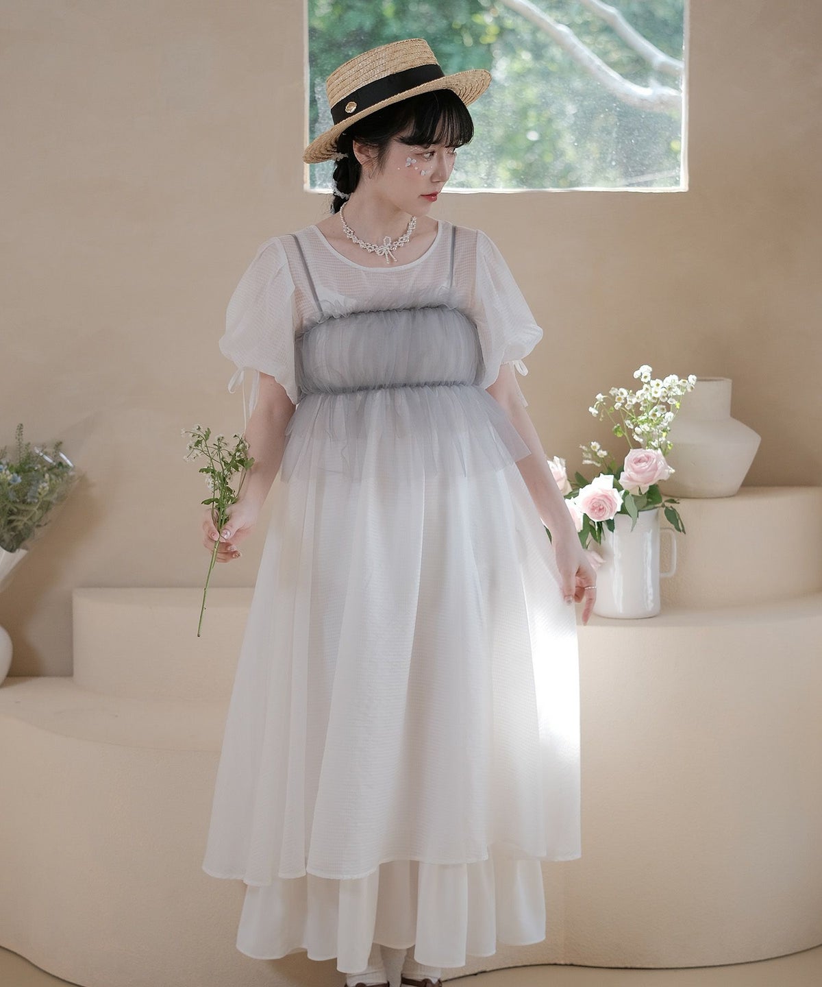 トップス/チュールリボン/キャミ/ビスチェ/グレー/ベージュ/M