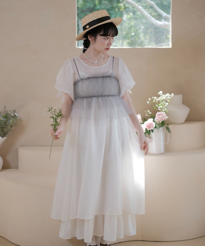 トップス/チュールリボン/キャミ/ビスチェ/グレー/ベージュ/M