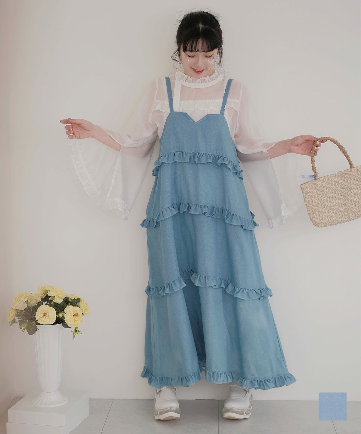 レディース ファッション キャミワンピース ティアード ロング丈 ブルー M デニム ティアード キャミ ワンピース miolite