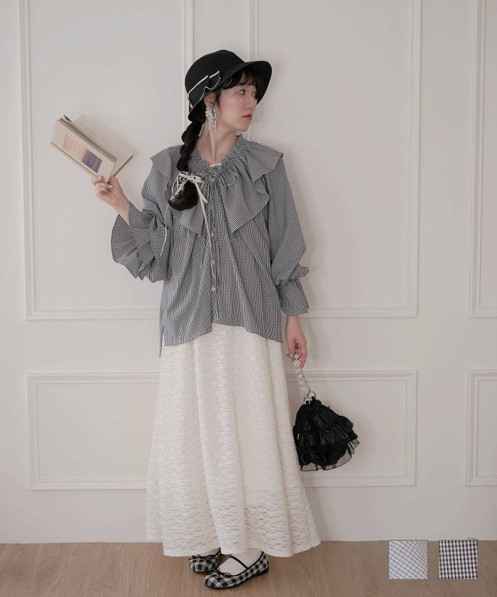 ブラウス ギンガムチェック フリル ブラウス ブルーチェック ブラックチェック M ギンガム チェック フリル ブラウス miolite
