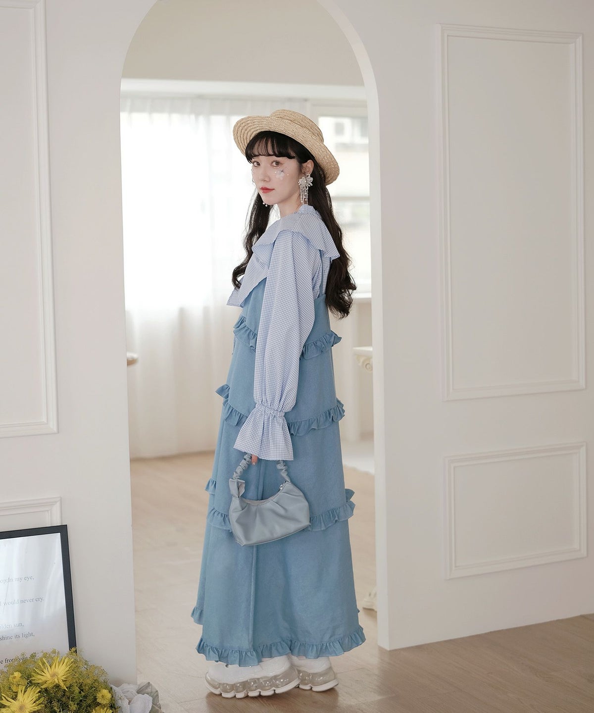 ブラウス/ギンガムチェック/フリル/ブラウス/ブルーチェック/ブラックチェック/M