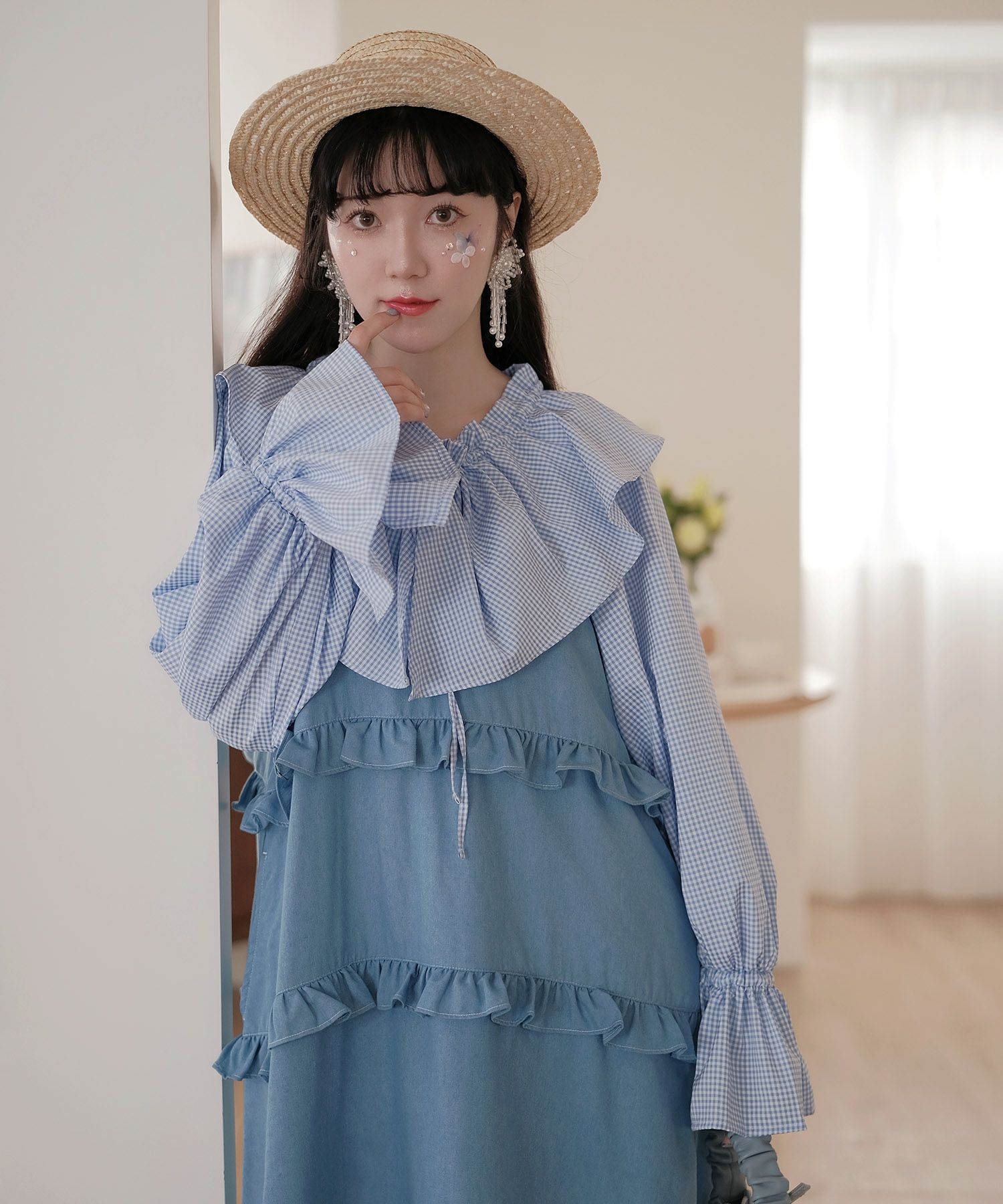 美品❣️IENA 今期完売 カラーギンガム フリルブラウス ブルー BOWTE/バウト 別注 ギンガムチェック フリルブラウス（シャツ