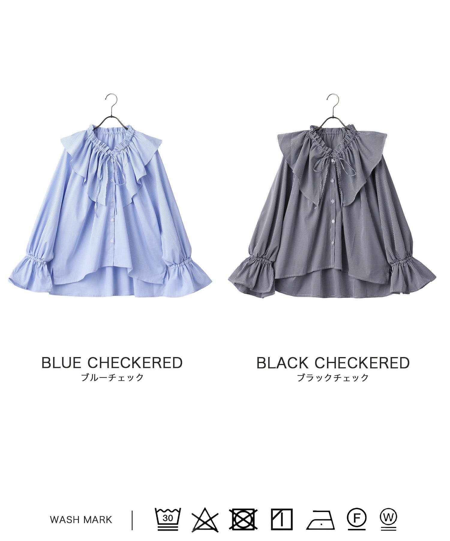 cheri_e_chip○黒×ブルーギンガムブラウス ギンガム チェック フリル ブラウス miolite 全2色｜mio861-0069【1