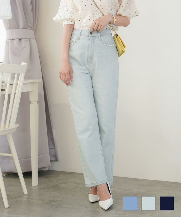 ボトムス デニムパンツ ハート刺繍 パール ストレスフリー 着圧 着痩せ ウエストシェイプ ハート刺繍 デニム パンツ le reve vaniller