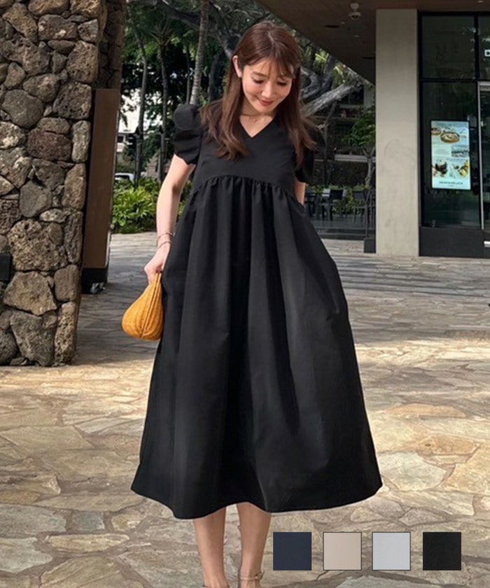 新色追加 手洗い可 ワンピース レディース 服 きれいめ かわいい おしゃれ 洗える 春 夏 秋 無地 シンプル 大人 ジョイントスペース Vネック タックボリュームスリーブ ワンピース 半袖 Liala×PG