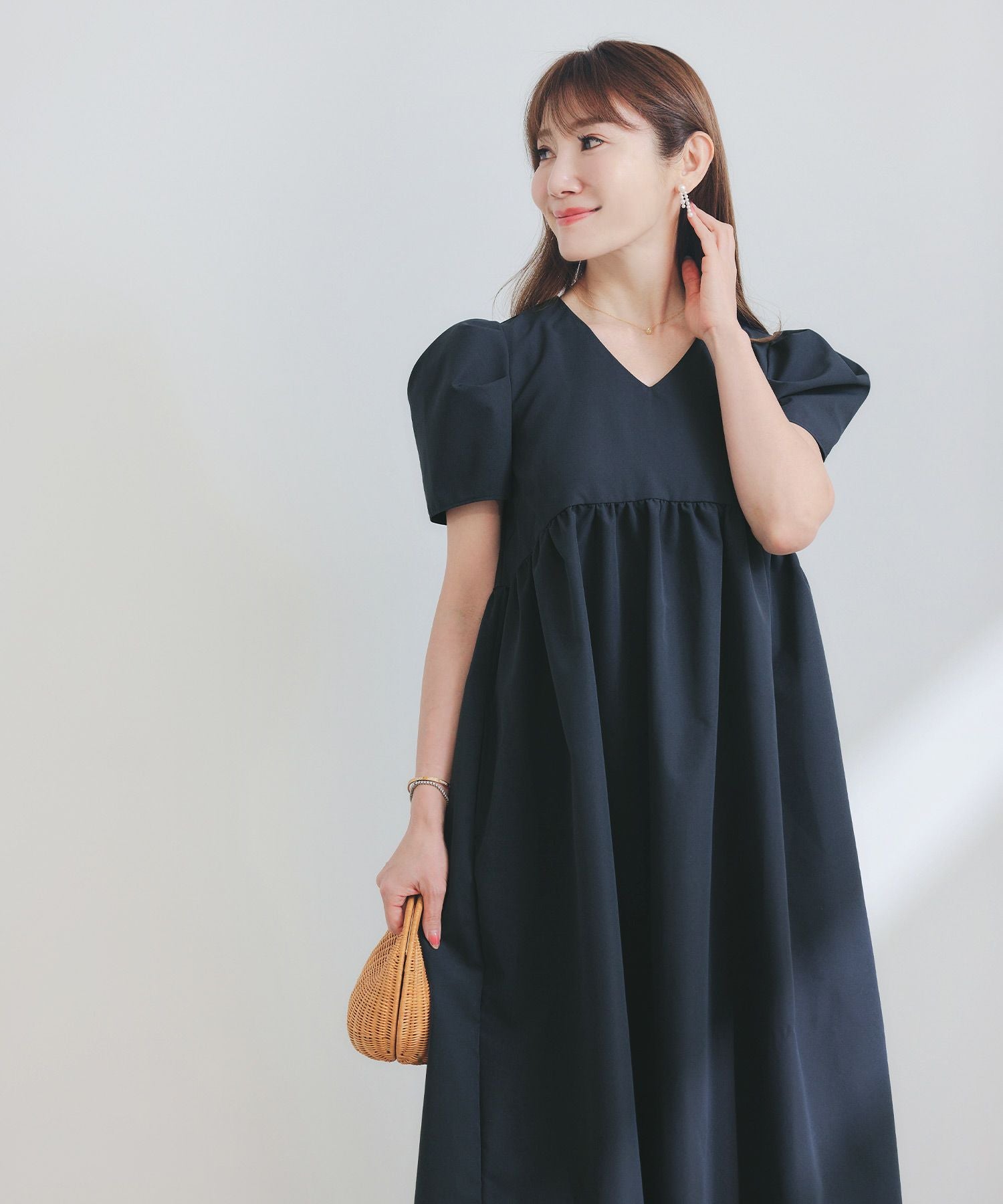 Vネック タックボリュームスリーブ ワンピース 半袖 Liala×PG 全4色