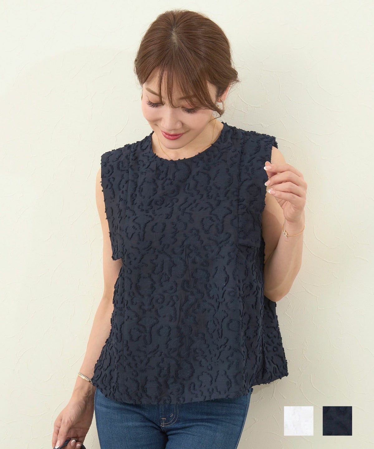 手洗い可 ブラウス おしゃれ レディース 白 オフィス 春 夏 秋 エレガント 可愛い かわいい きれいめ 紺 ジョイントスペース ジャガード プチスリーブ ブラウス Liala×PG