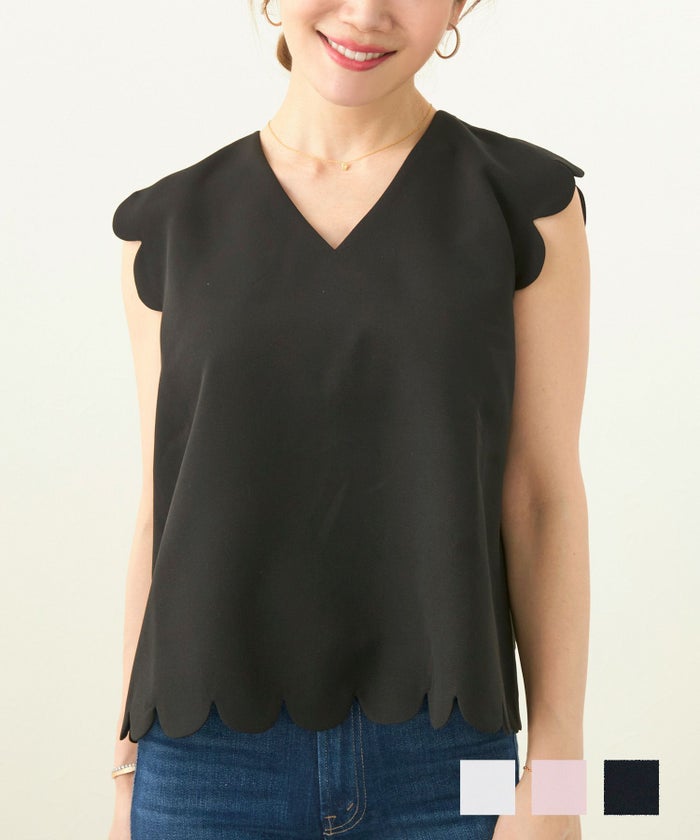 手洗い可 ブラウス トップス ノースリーブ 無地 夏 清楚 レディース きれいめ 大人可愛い 重ね着 スカラップ Vネック ブラウス Liala×PG