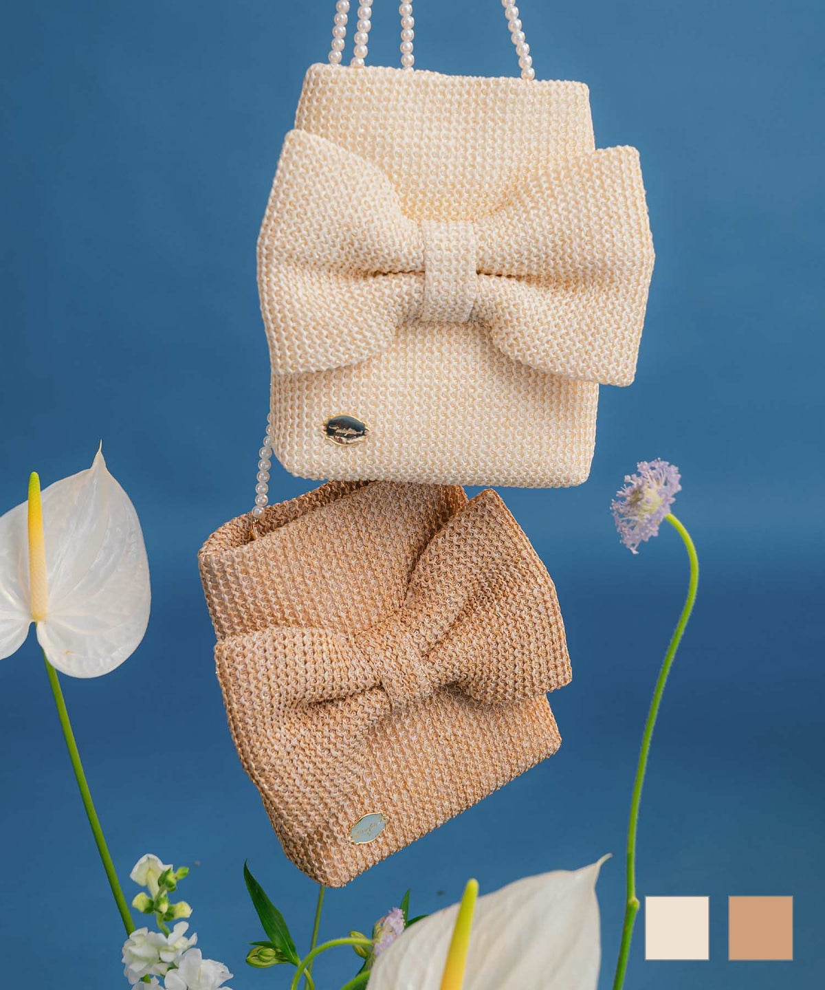 バッグ パールチェーン リボン ミニ アイボリー ベージュ フリー パールチェーン リボン ペーパー ミニ バッグ miolite