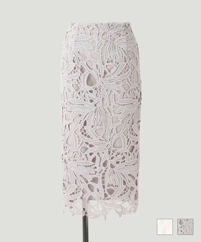 スカート リーフ柄 レース タイト スカート ホワイト ライトグレー S M リーフ柄 レース タイト スカート HUIT