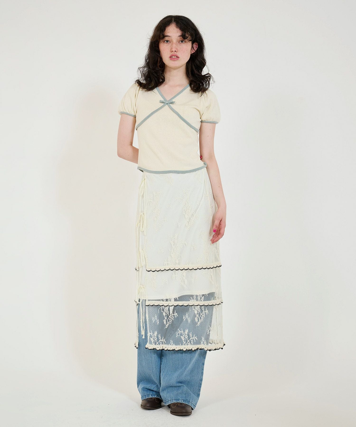 Early-Summer-SALE 配色 半袖ニットプルオーバー TINA：JOJUN 全2色