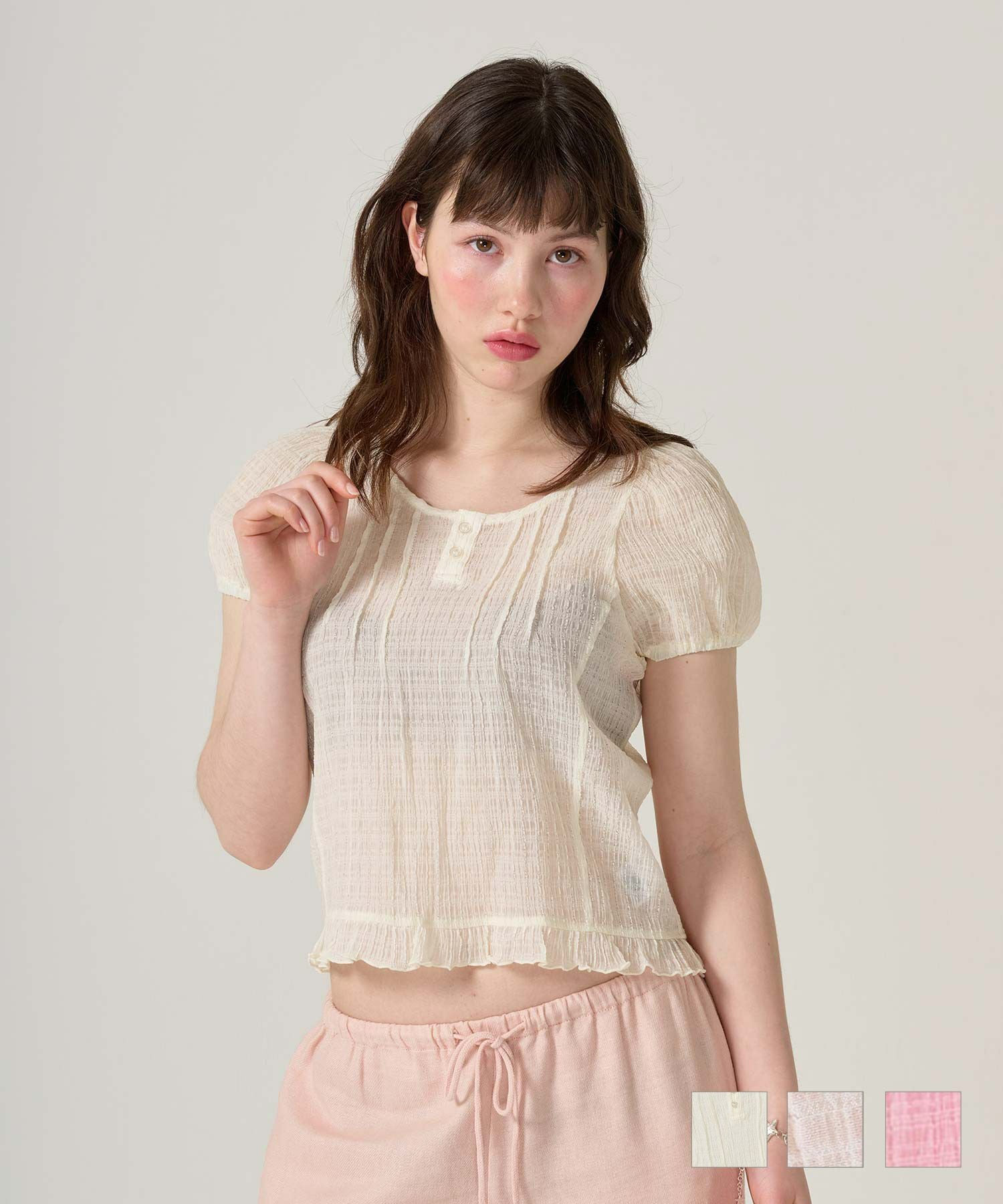 シアー ヘンリーネックブラウス TINA：JOJUN 全3色｜tnj821-0850【2