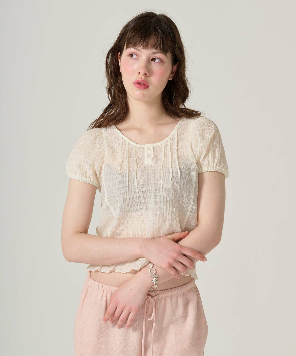 ブラウス/半袖/シアー/ヘンリーネック