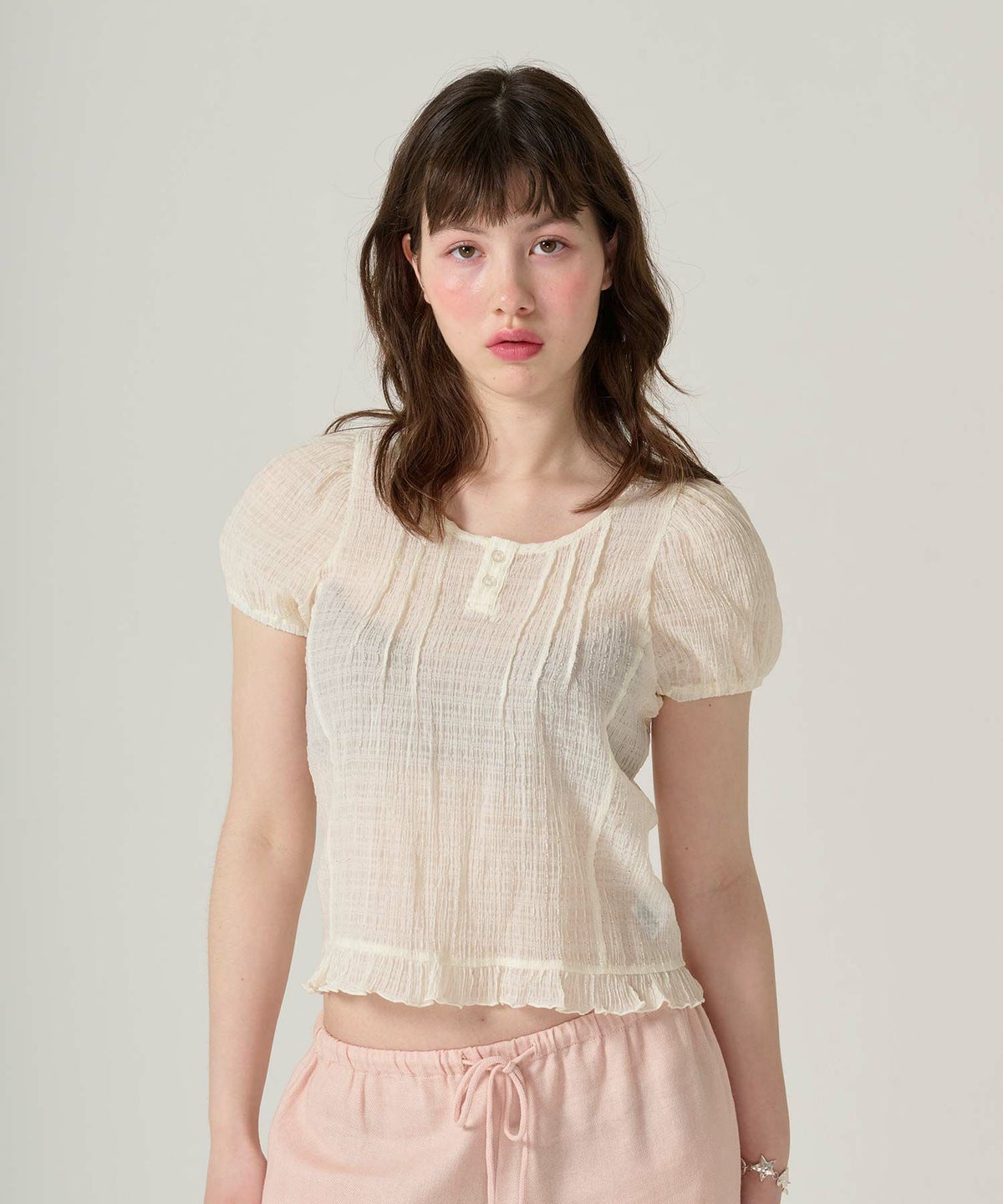 ブラウス/半袖/シアー/ヘンリーネック