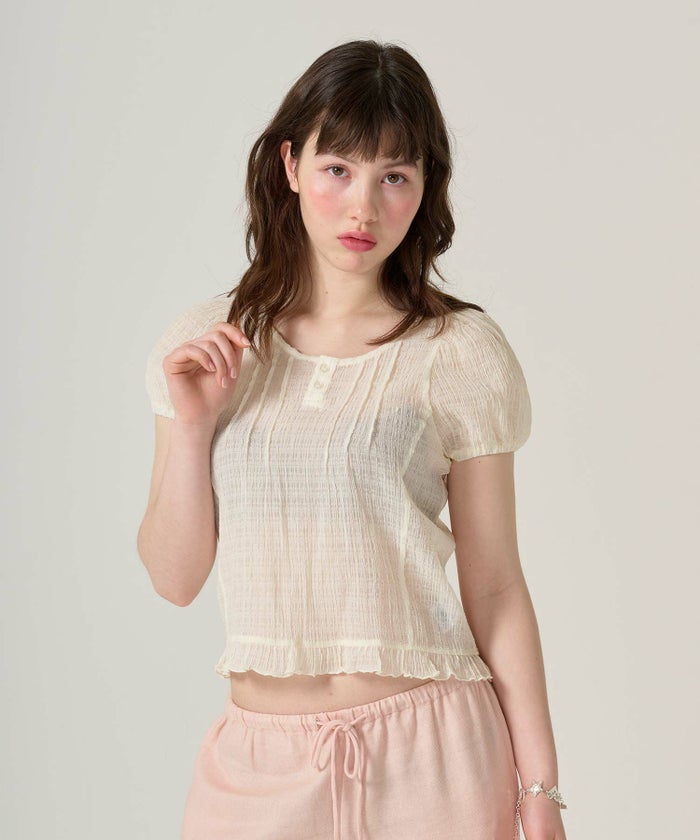 ブラウス/半袖/シアー/ヘンリーネック