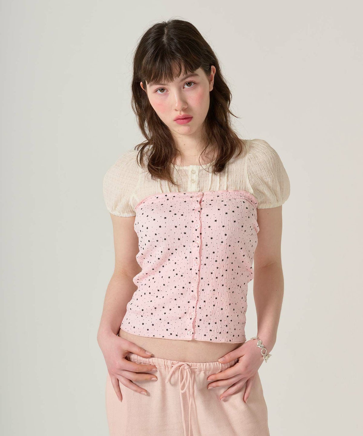 ブラウス/半袖/シアー/ヘンリーネック