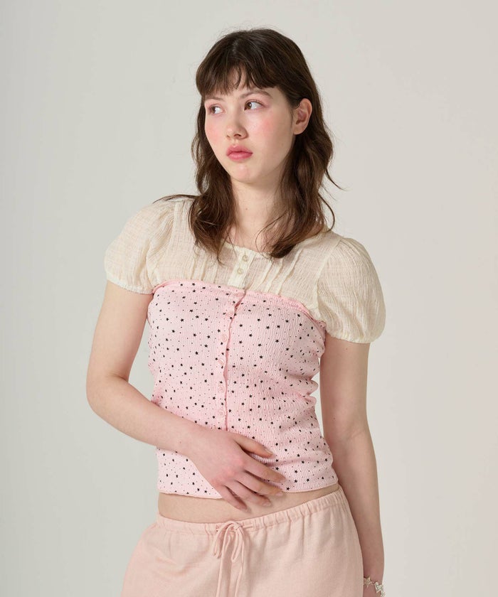 ブラウス/半袖/シアー/ヘンリーネック