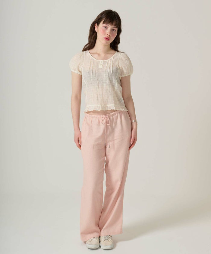 ブラウス/半袖/シアー/ヘンリーネック