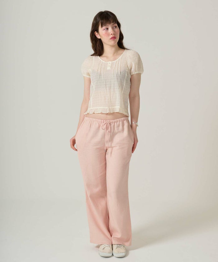 ブラウス/半袖/シアー/ヘンリーネック