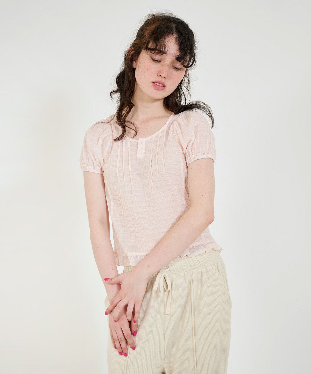 ブラウス/半袖/シアー/ヘンリーネック