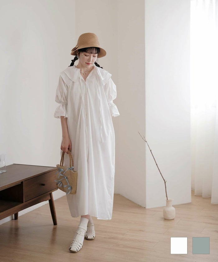 ワンピース フリル パフスリーブ ワンピース ホワイト ピスタチオ M ダブル フリル パフスリーブ ワンピース miolite