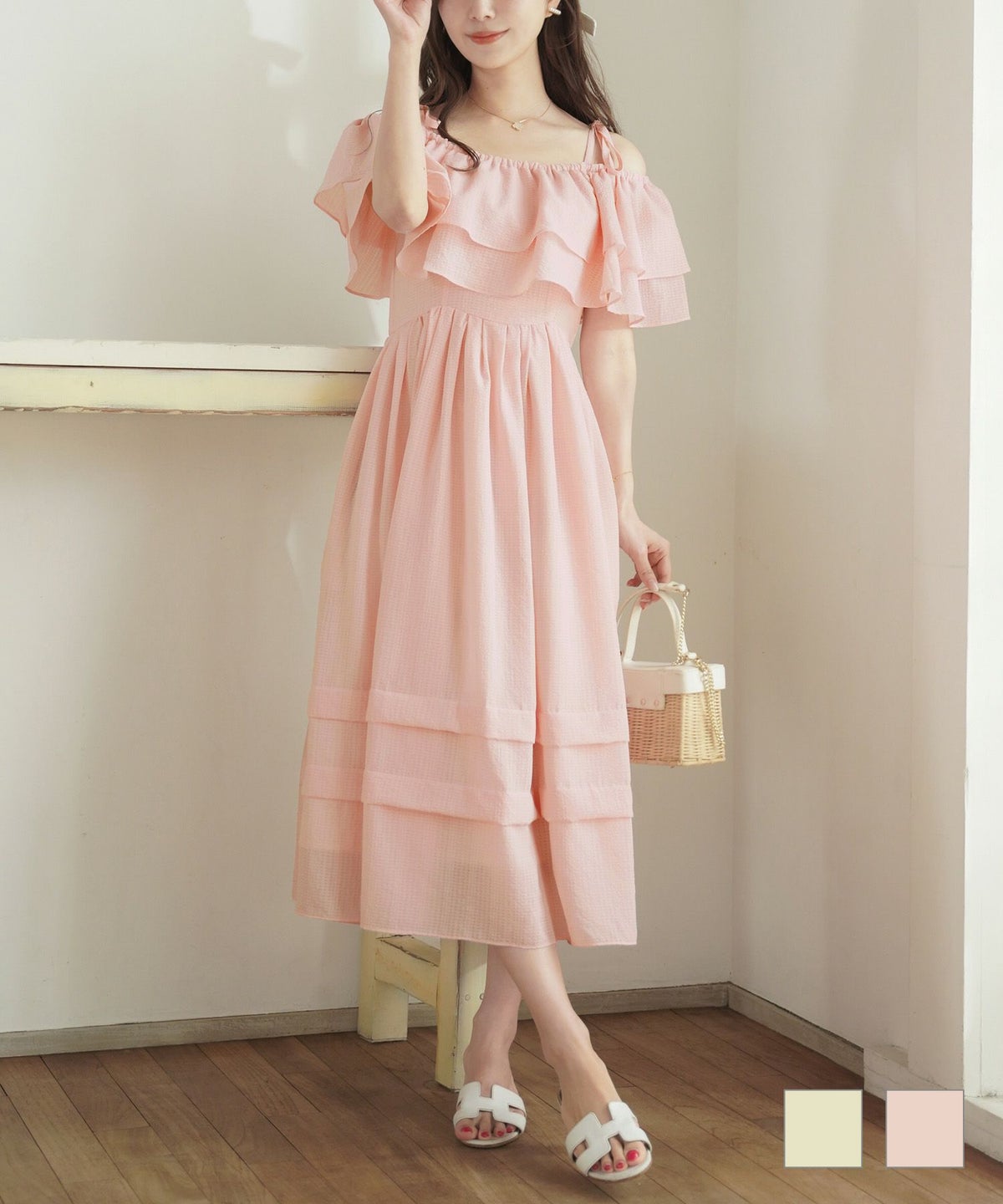 ワンピース シアーチェック シアーワンピース ギンガムチェック ロング オフショル 2WAY フリル リボン 2WAY オフショル シアーチェック ワンピース le reve vaniller