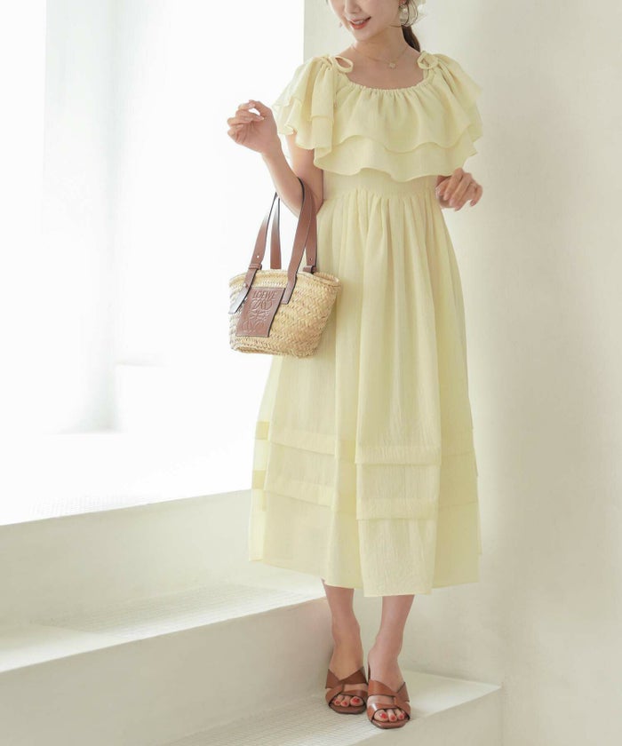 レディース/ワンピース/シアーチェック/シアーワンピース/チェック柄/ギンガムチェック/シフォン/薄手/シアー/ロング/ノースリーブ/オフショル/2WAY/フリル/リボン/春/夏/オケージョン/バケーション/旅行/リゾート/イエロー/レモン/ピンク/べビーピンク/薄ピンク