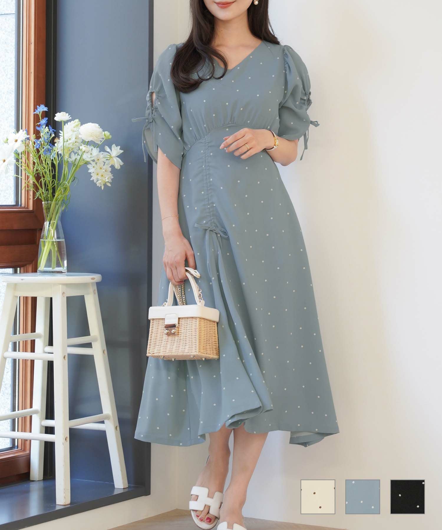 袖開き リボン付き ドット ワンピース le reve vaniller 全3色